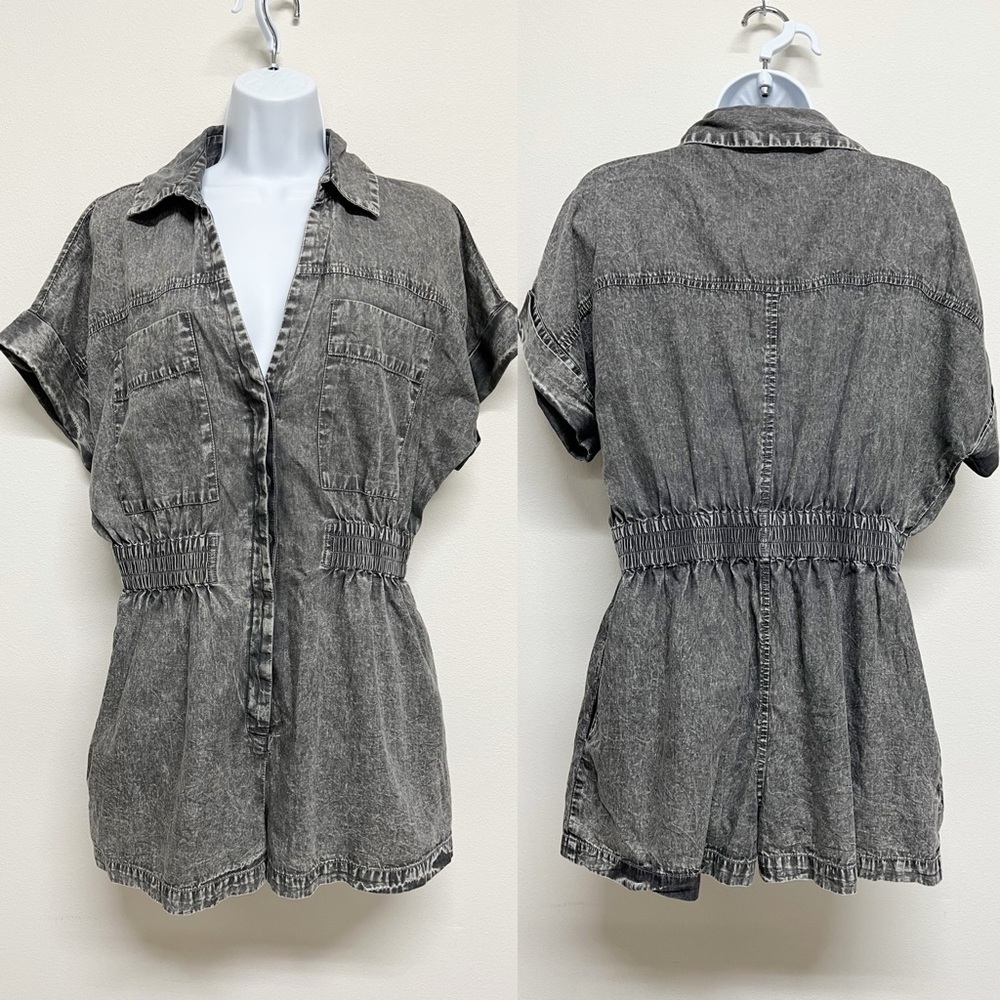 Elan Womens Gray Wash Teddie Short Sleeve Button Up Short Romper Size S - Picture 2 of 8